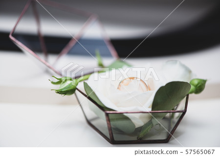 Two wedding rings in a beautiful box decorated with rose flowers. Themes of engagement, declaration 57565067