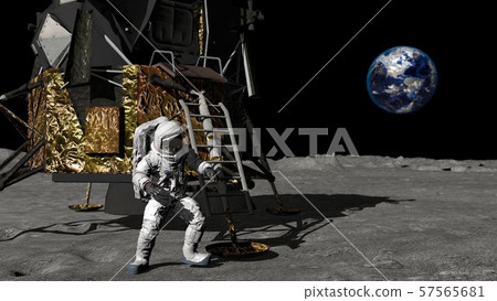 3D rendering. Astronaut descends the stairs of the 57565681