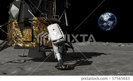 3D rendering. Astronaut descends the stairs of the 3D rendering. Astronaut descends the stairs of the 57565683
