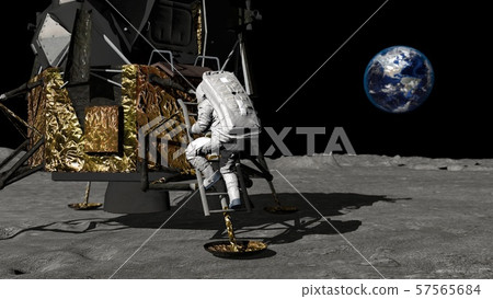 3D rendering. Astronaut descends the stairs of the 3D rendering. Astronaut descends the stairs of the 57565684