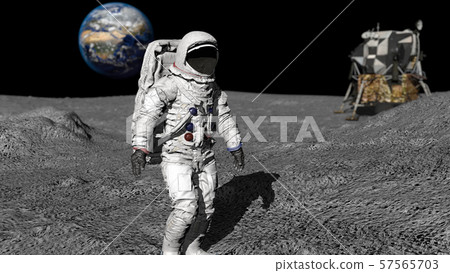 3D rendering. Astronaut walking on the moon. CG 57565703