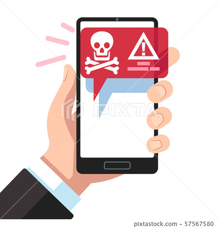Virus notification on smartphone screen. Dangerous hacker alert message. Spam attack malware scam 57567580
