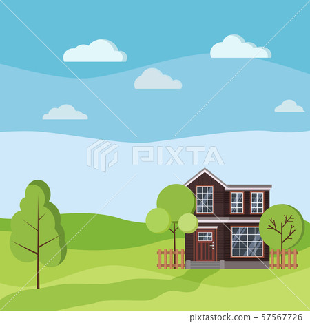 Summer or spring landscape with rural two storey house with wooden fences. 57567726