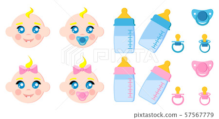 Vector set of children faces icons, baby bottles with milk, pacifiers, baby dummies, blonde boy and 57567779
