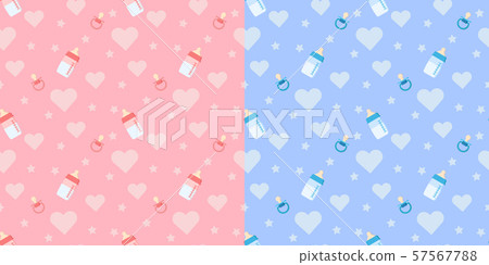 Set of cute vector seamless pattern with baby bottle, pacifier, heart. Set of cute vector seamless pattern with baby bottle, pacifier, heart. 57567788