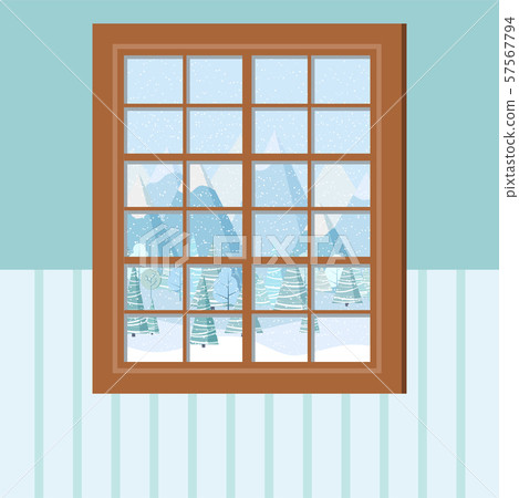 Wooden Room Window Frame In Cartoon Flat Style Stock Illustration