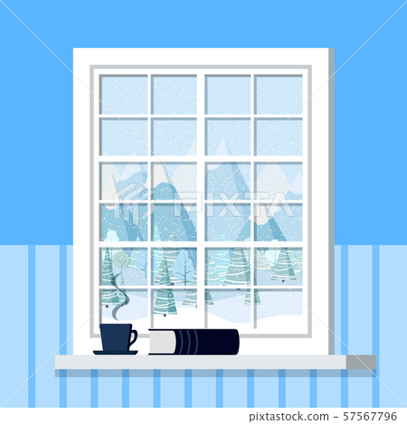 White room window frame with cup and book on the windowsill in cartoon flat style. 57567796