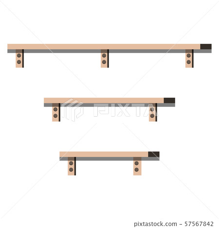 Three emply wooden shelves of different length isolated on white background. 57567842