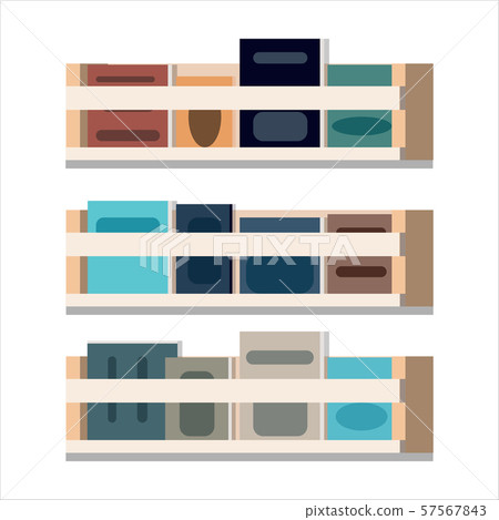 Row and stack of different colorful books on wooden shelf 57567843