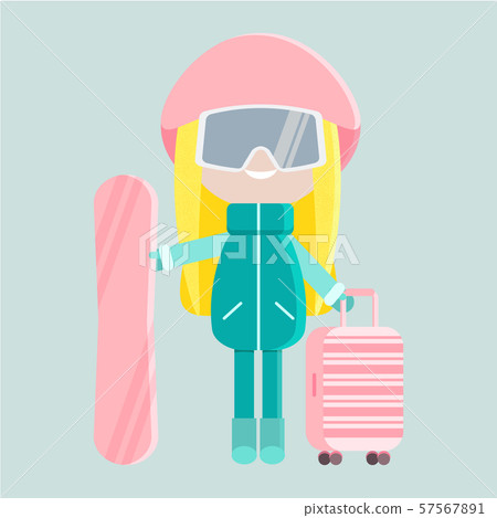 Isolated happy young blonde girl in warm clothes with snowbording glasses, a pink helmet, a 57567891