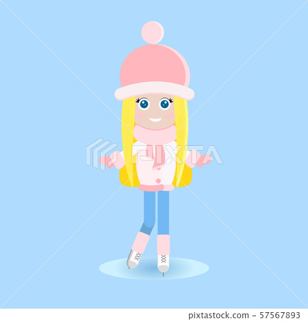 Isolated happy young blonde girl in warm clothes iice skating on the rink in flat style. 57567893