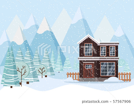 Winter landscape with country house, winter trees, spruces, mountains, snow in cartoon flat style.