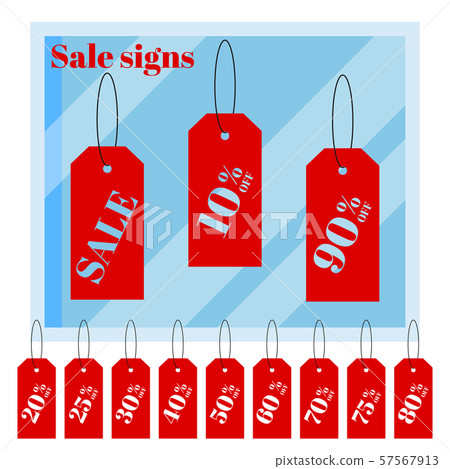 Set of isolated red iscount price labels tags on white background with cartoon flat shop window. Set of isolated red iscount price labels tags on white background with cartoon flat shop window. 57567913
