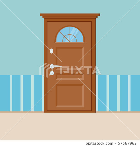 Wooden closed door with frame isolated on wall. Wooden closed door with frame isolated on wall. 57567962