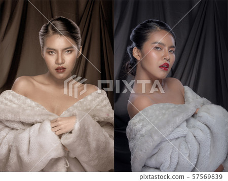 Fashion Asian Woman Tan skin black hair eyes 57569839