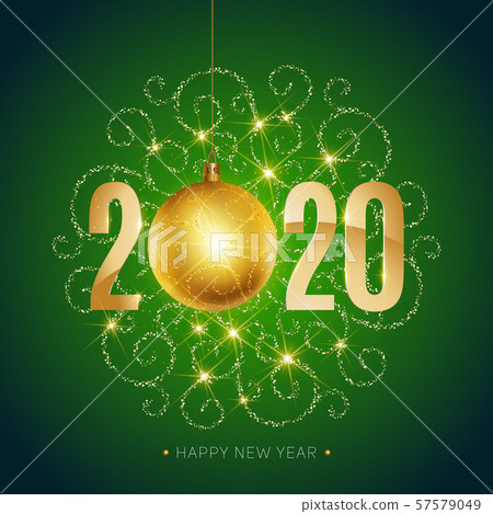 2020, Happy New Year, gold. Greeting card with golden text 2020 with christmas ball. Background 2020, Happy New Year, gold. Greeting card with golden text 2020 with christmas ball. Background 57579049