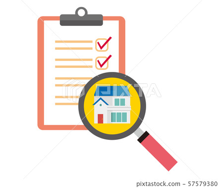 Magnifying glass house clipboard checkmark binder estimate assessment 57579380