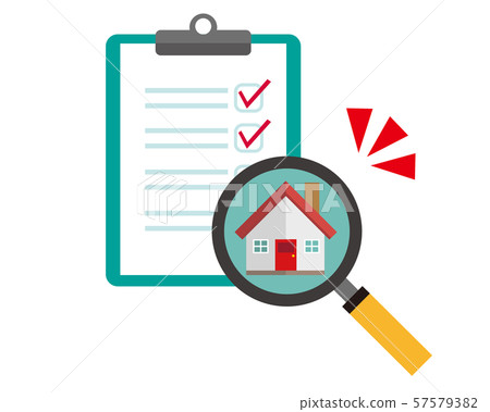 Magnifying glass house clipboard checkmark binder estimate assessment 57579382