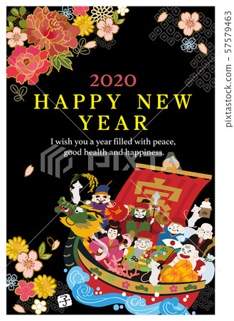 New Year's card 2020 design Treasure ship Japanese pattern vertical 57579463