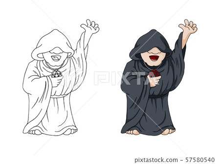 Human Necromancer or Warlock in Black Robe Cast Spell, cartoon Character 57580540