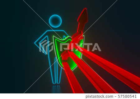 Businessman holds green shield covering from red arrow. 3d rendering 57580541