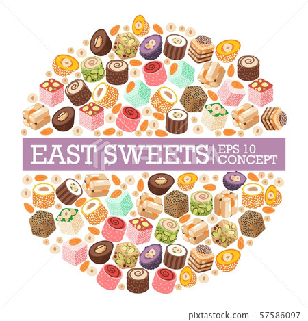 Turkish delight eastern sweets, vector illustration in round frame composition. Colorful traditional 57586097