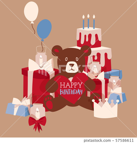 Happy birthday greeting card design, vector illustration. Cute teddy bear toy holding heart with 57586611
