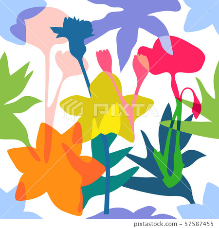 Seamless vector pattern with leaves and flowers. 57587455