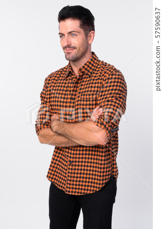 Portrait of handsome bearded hipster man thinking with arms crossed 57590637