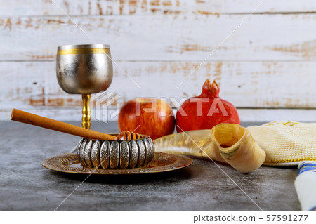 Jewish new year symbol with glass honey jar and Jewish new year symbol with glass honey jar and 57591277