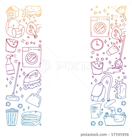 Cleaning services company vector pattern. Drawing on notebook in colorful gradient style. 57595956
