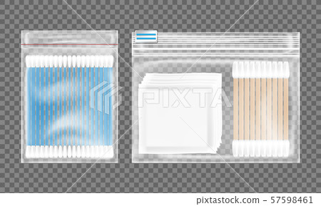 Cotton buds and cotton pads packed in plastic bags isolated on transparent background. Cotton buds and cotton pads packed in plastic bags isolated on transparent background. 57598461