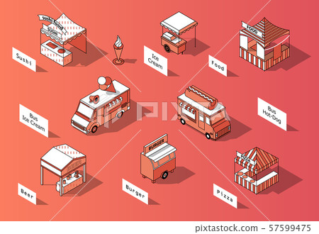 3d isometric food courts, trucks - marketplace 57599475