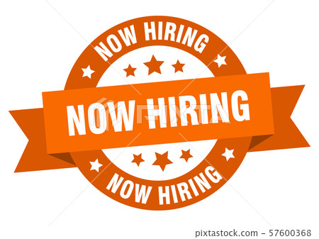 now hiring ribbon. now hiring round orange sign. now hiring ribbon. now hiring round orange sign. 57600368