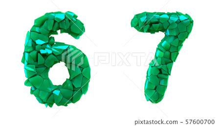 Number set 6, 7 made of 3d render plastic shards green color. Number set 6, 7 made of 3d render plastic shards green color. 57600700