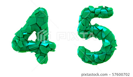 Number set 4, 5 made of 3d render plastic shards green color. 57600702