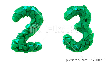 Number set 2, 3 made of 3d render plastic shards green color. 57600705