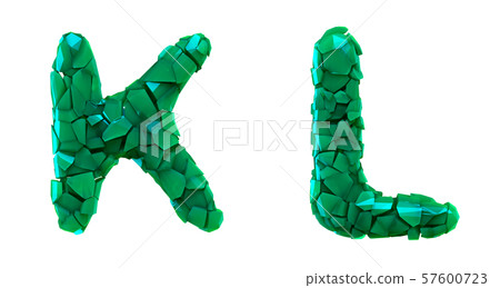 Letter set K, L made of 3d render plastic shards green color. 57600723