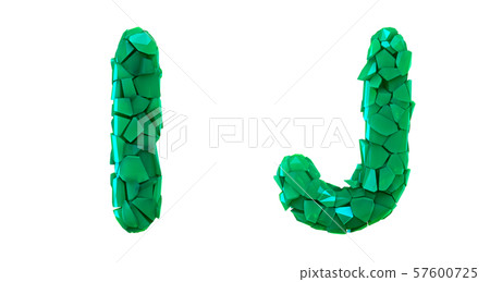 Letter set I, J made of 3d render plastic shards green color. 57600725