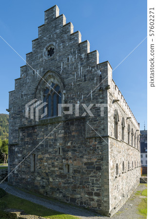 Haakon's Hall and blue sky in Bergenhus Fortress 57602271