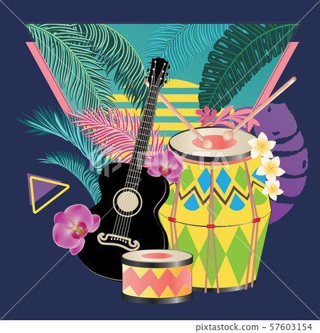 Retro guitar with drum and tropical leaves Retro guitar with drum and tropical leaves 57603154