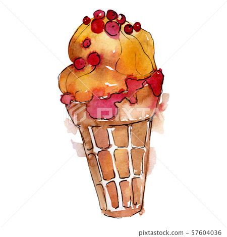 Tasty ice cream cone in a watercolor style isolated. Aquarelle sweet dessert. Background Tasty ice cream cone in a watercolor style isolated. Aquarelle sweet dessert. Background 57604036