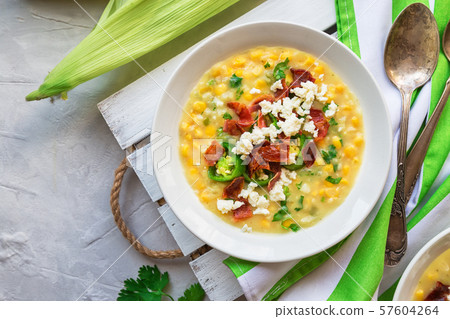 Corn soup with bacon, jalapeno and goat cheese Corn soup with bacon, jalapeno and goat cheese 57604264