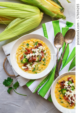 Corn soup with bacon, jalapeno and goat cheese 57604265