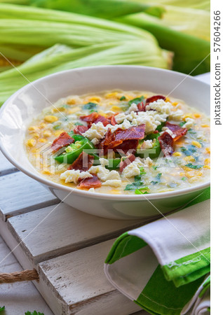 Corn soup with bacon, jalapeno and goat cheese 57604266