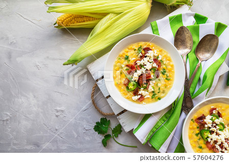 Corn soup with bacon, jalapeno and goat cheese Corn soup with bacon, jalapeno and goat cheese 57604276