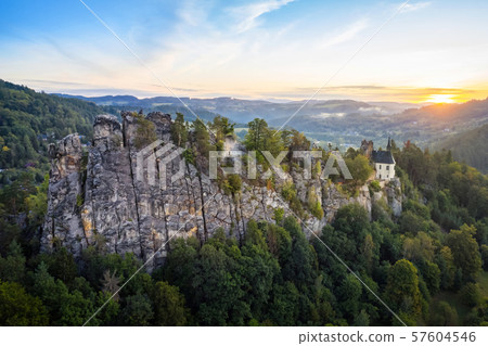 Aerial view of steep rock with ruins of Vranov Aerial view of steep rock with ruins of Vranov 57604546