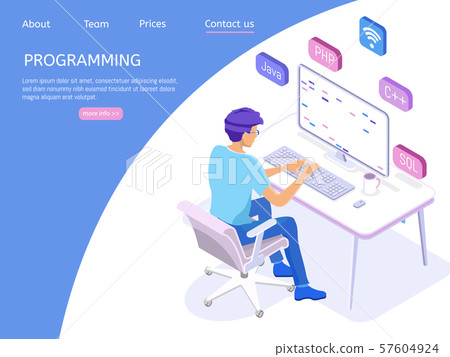 Programmer isometric character. Programming concept, web engineer at work. 57604924