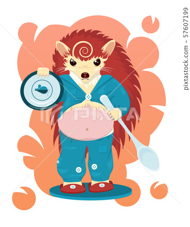 Fat hungry angry reddish hedgehog, holding a plate with mouse and hedgehog symbols on it and a very big spoon. The background is a gradient. Cartoonish vector bright image. Unique illustration. 57607199