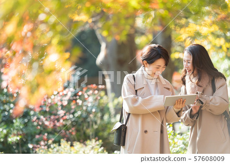 旅行秋天秋葉母親女兒父母和兒童家庭旅行圖像 57608009